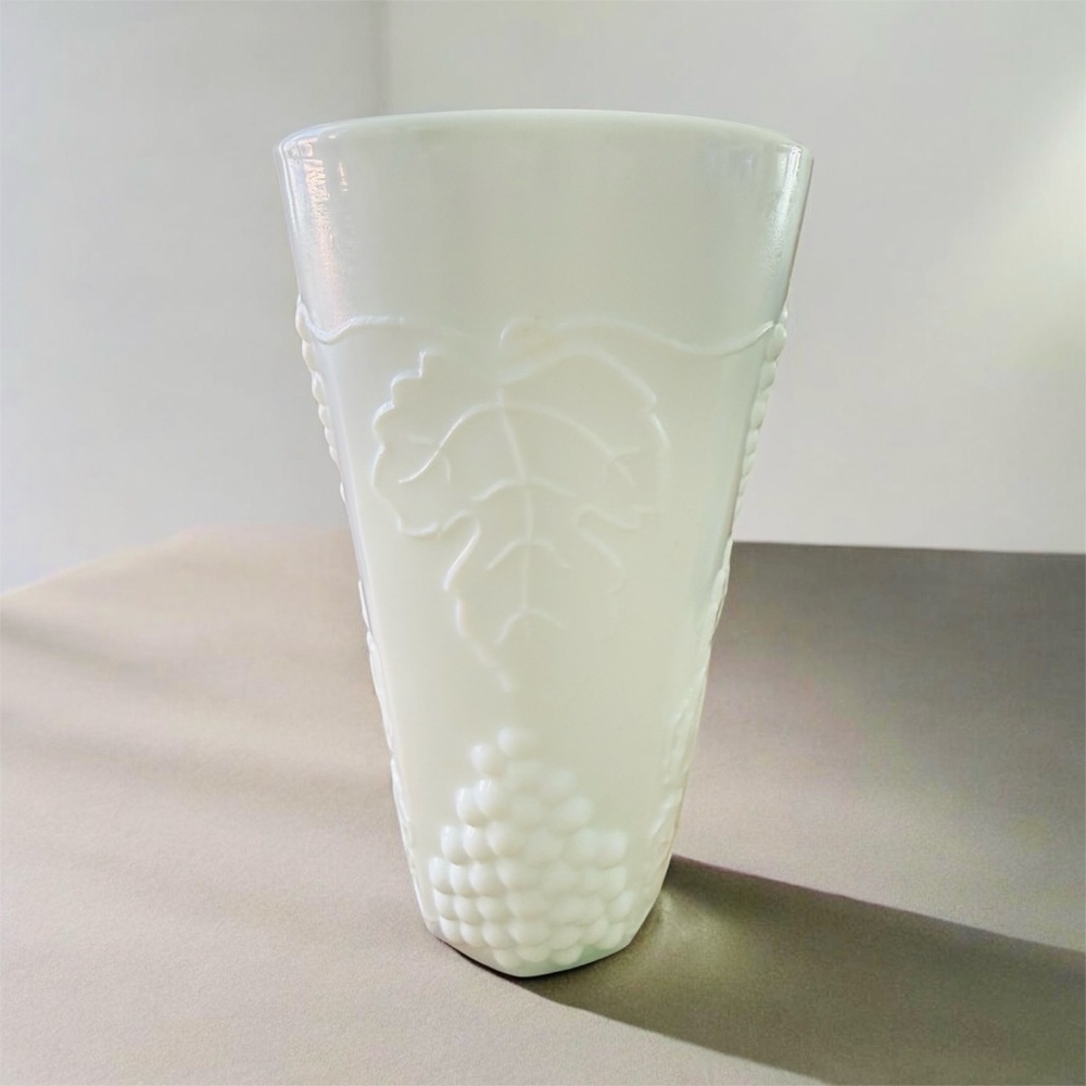Vintage Milk Glass Grape & Leaf Harvest Vase Mid-Century Decor